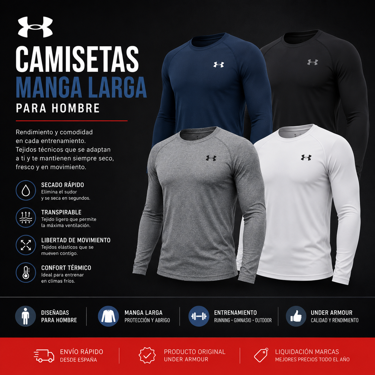 Camisetas Under Armour de Manga Larga para Hombre